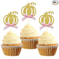 Pumpkin Cupcake Topper Fall Theme Cake Decoration for Pumpkin Themed Baby Shower Party Supplies, Pumpkin Food Pick - Set of 24 (Pink Bow)