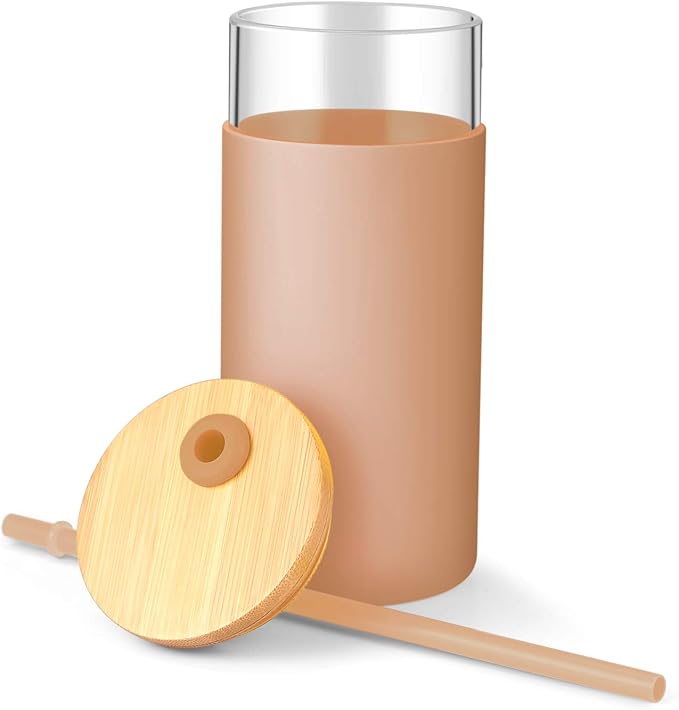 Tronco 20 oz Glass Tumbler Glass Water Bottle Straw Silicone Protective Sleeve Bamboo Lid - BPA Free - Amber/ 8 Pack