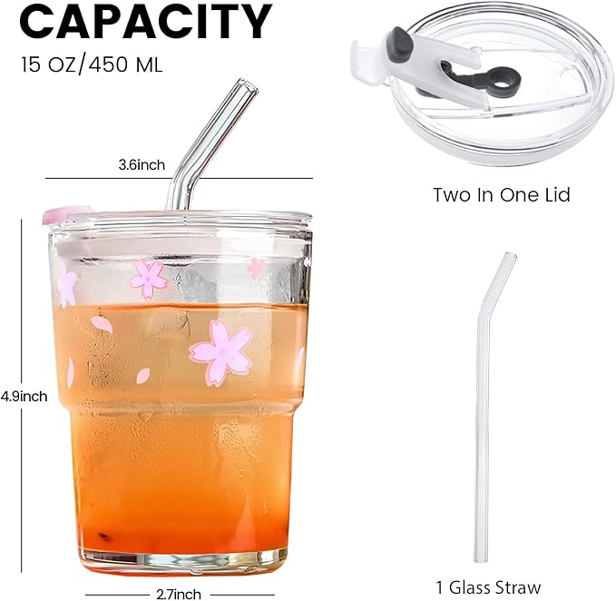 Iced Coffee Cup, 15Oz/450ml With Lids and Straws, Thick Wall Glass Mug for Tea Water, Cute Tumbler Gifts (Pink)