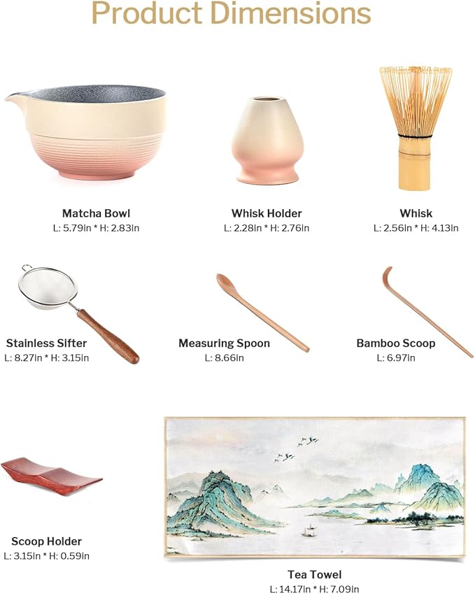 Artisan Matcha Whisk Set - 8 Pcs Premium Matcha Set with Bowl (Chawan), Bamboo Whisk & Tools | Matcha Kit for Making Breakfast/Latte | Gift for Matcha Lovers (Sunset Yellow)