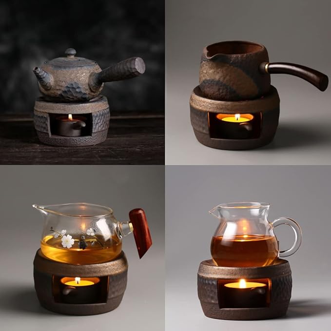Teapot Warmer Matte Classic Retro Ceramic Universal Tea Warmer Stand Set with Candle Holder Japanese Style for Warming Tea, Coffee and Milk etc.