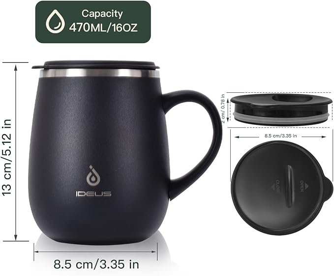 Ideus 16 oz Insulated Coffee Mug with Handle and Lid, Double Wall Stainless Steel Vacuum Thermal Coffee Mug, Travel Coffee Cup Thermal Cup for Home and Office, Storm Black