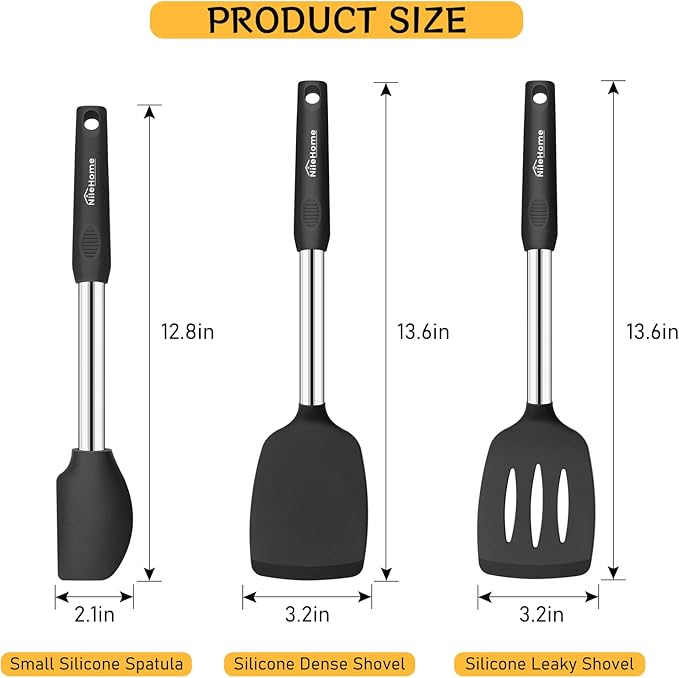 NileHome Pack of 3 Spatulas Silicone Heat Resistant, Cooking Utensils Set, Silicone Spatula BPA Free Cooking Utensils, Ideal Cookware for Fish, Eggs, Pancakes (Black)