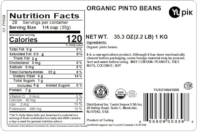 Yupik Organic Pinto Beans, 2.2 lb,35.2 Ounce, Non-GMO, Vegan, Gluten-Free (Pack of 2)
