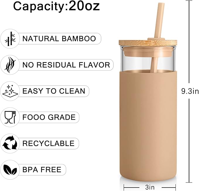 Tronco 20 oz Glass Tumbler with Lid & Straw - Iced Coffee Cup & Smoothie Cup With Silicone Sleeve | BPA-Free, Dishwasher Safe | Reusable Glass Cups with Bamboo Lids and Straws (Watermelon, 1 Count)