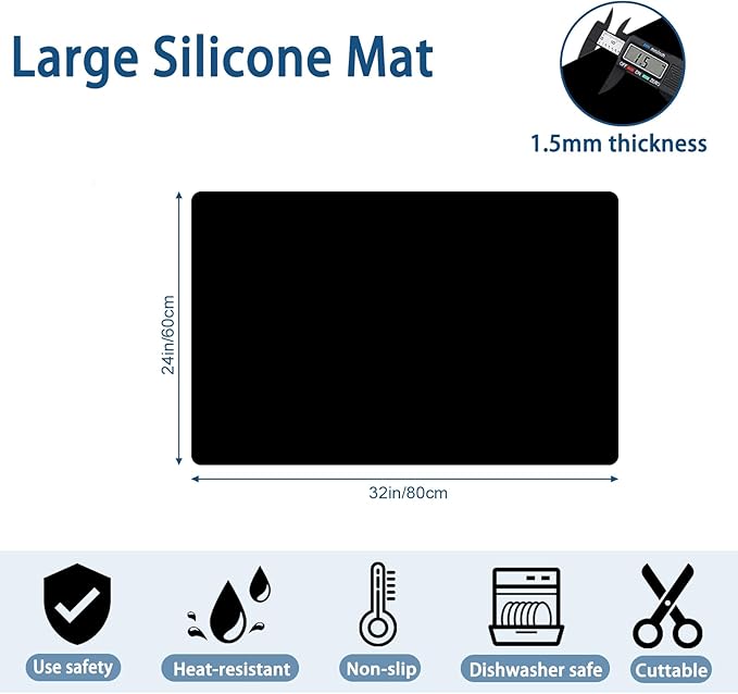 24"x32"(60cmx80cm) Silicone Mat for Kitchen Counter, Heat Resistant Non-Slip Countertop Protector, Waterproof Silicone Craft Mat for Kitchen Island, Black