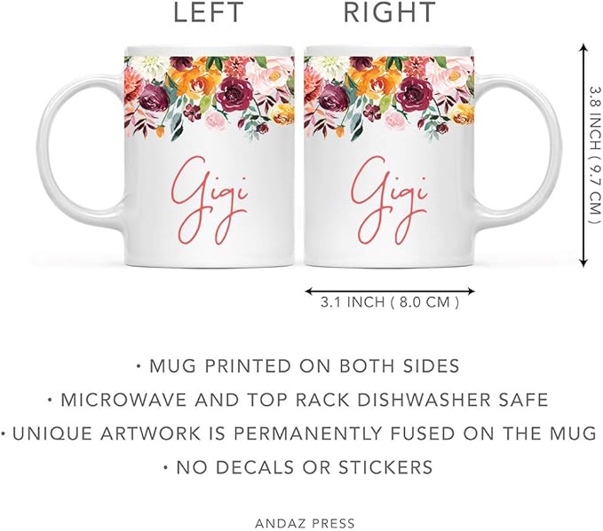 Andaz Press 11oz. Mother's Day Ceramic Coffee Tea Mug Gift, Fall Autumn Burgundy Orange Peach Flowers Roses Florals, Gigi, 1-Pack, Includes Gift Box, Birthday Christmas Gift Ideas
