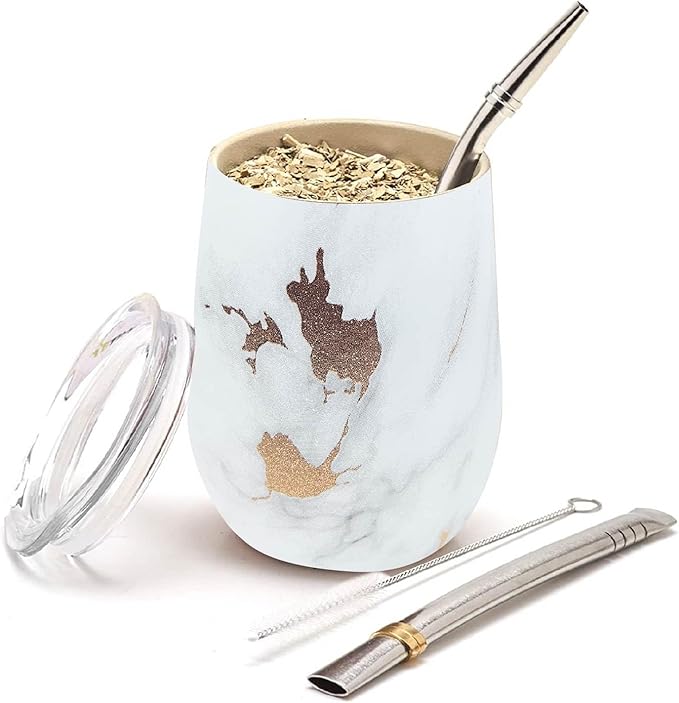 BALIBETOV 5 pcs large Yerba Mate Cup and Bombilla Kit, Includes one 12 oz Yerba Mate Gourd with Lid, Two Bombillas Mate Straw and one cleaning brush | Stainless steel | Double Walled