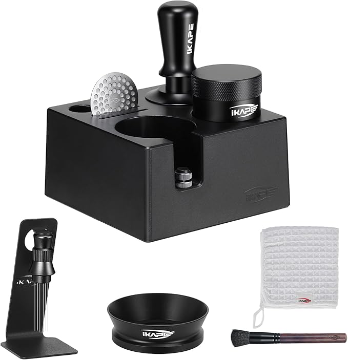IKAPE 51MM Black Espresso Tool Set 8 IN 1, Coffee Tamper, Distributor, Magnetic Funnel, Puck Screen, Tamper Station, Stirrer Distribution Tool, Cleaning Towel and Brush