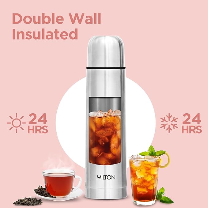 Milton Thermosteel Flip Lid 750, Double Walled Vacuum Insulated Thermos 750 ml | 25 oz | 24 Hours Hot and Cold Water Bottle with Cover, Stainless Steel, BPA Free, Leak Proof | Silver