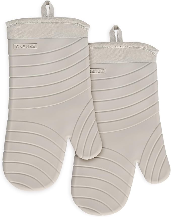 Beneno Oven Mitts, Heat Resistant BPA-Free Soft Silicone Oven Mitts 2-Pack, Waterproof Non-Slip Flexible Oven Gloves with Comfort Cotton Lining, Durable Kitchen Mitt Set for Baking Grill, 7"x13" Beige
