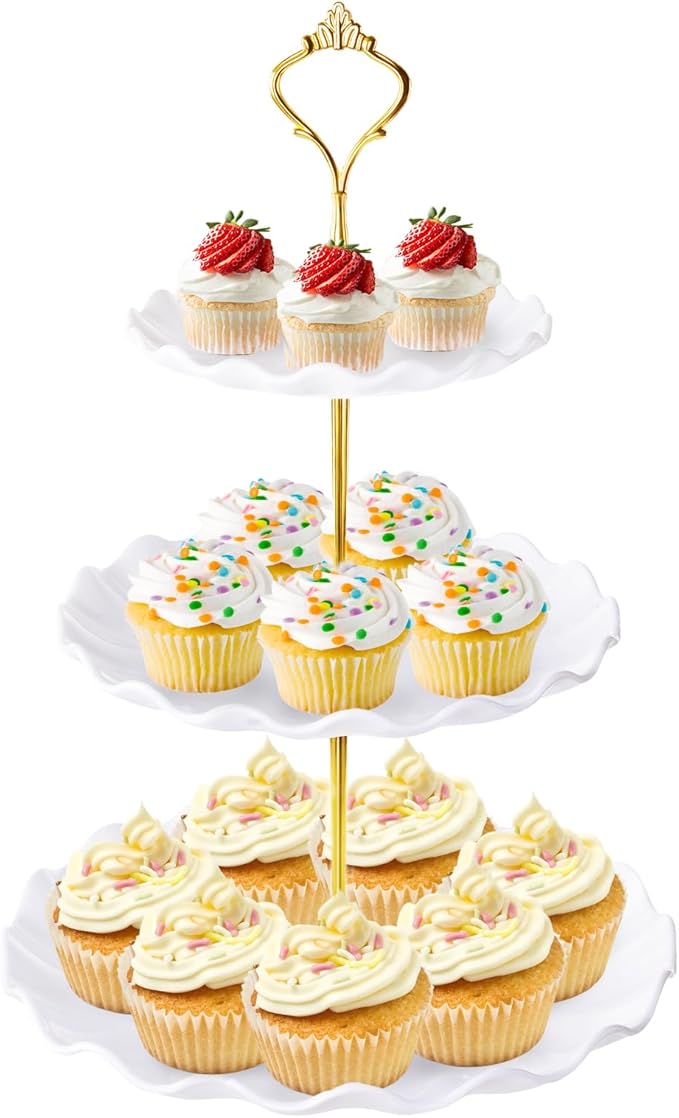 Hoedia 3 Tier Cupcake Stand Tower, Plastic White Cup Cake Holder for Dessert stands, Tiered Serving Tray for Tea Party, Birthday Party, Wedding Decor and Baby Shower(Round Wave)