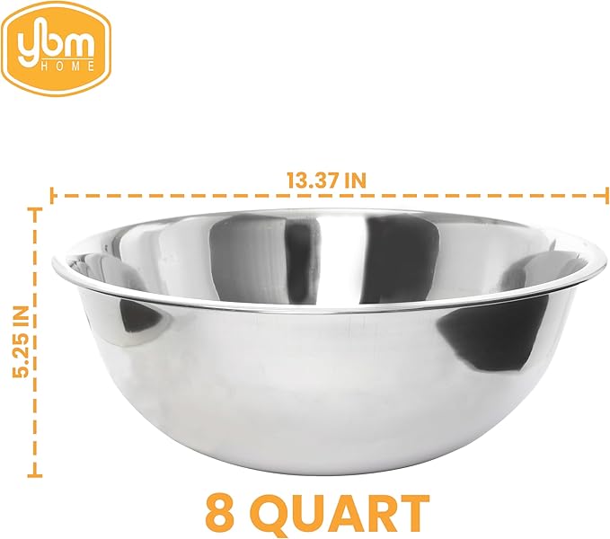 YBM HOME Pack of 1 Stainless Steel Mixing Bowl - Premium Polished Mirror Nesting Metal Bowl for Cooking and Serving, Stackable for Convenient Storage (8 Quart)