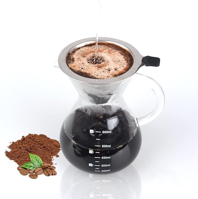 T-mark Pour Over Coffee Maker with Reusable Double-layer Stainless Steel Filter, 600ml/20oz BPA-Free Glass Coffee Carafe, Glass Coffee Maker, Coffee Dripper Brewer