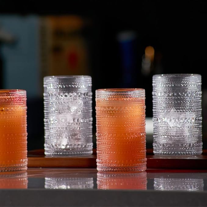 LEMONSODA Hobnail Highball Glasses Set of 4 – Vintage Clear Drinking Glass Cups 15oz – Textured Tall Retro Glassware Tumblers for Water, Iced Coffee, Cocktails, Soda, Juice (Highball 15oz, Set of 4)