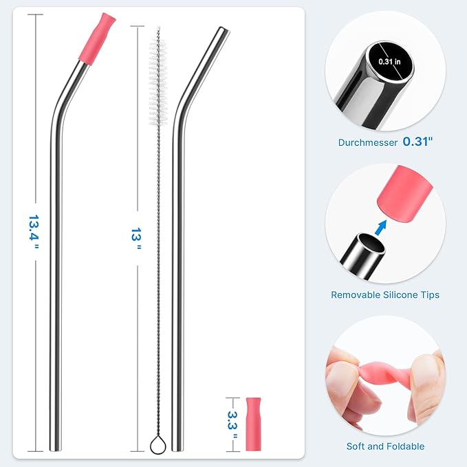 2 Pcs Stainless Steel Straw with Silicone Tips for 40 oz Stanley Tumbler, Repeatable 40 oz Metal Straws for Stanley Adventure Quencher Travel Tumbler Cup, BPA Free（Pink Dusk）