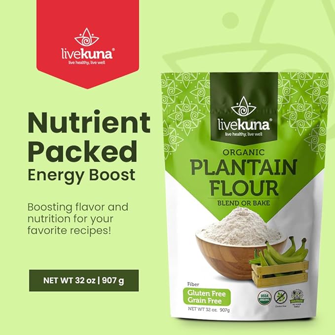 LiveKuna Organic Plantain Flour - Gluten Free All Purpose Flour Alternative For Baking & Cooking Recipes - Grain Free Vegan Plantain Flour, Rich In Fiber & Vitamins for Keto & Paleo Diets, 32oz Bag