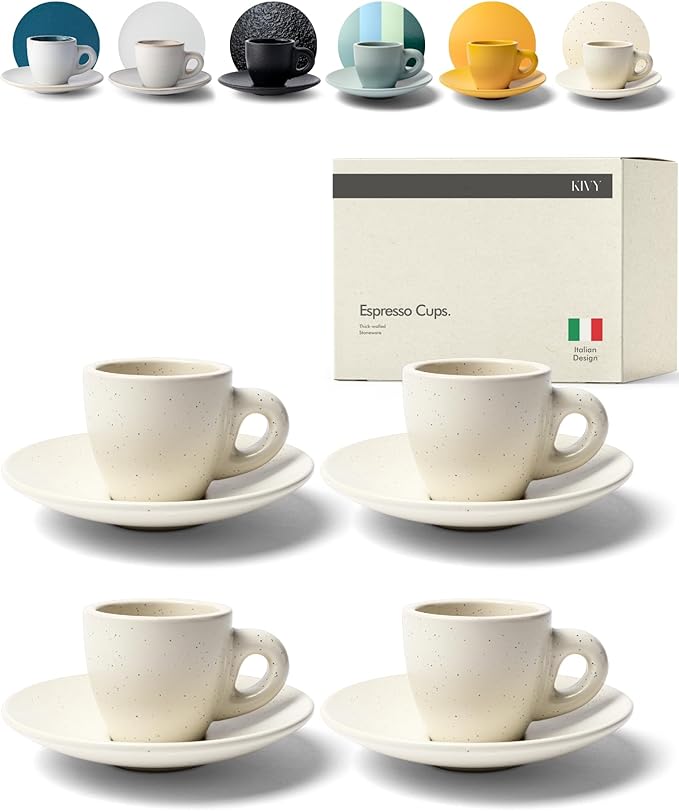KIVY 3 oz Espresso cups set of 4 - Thick walled stoneware espresso cup set - Italian style espresso cups and saucers - Demitasse cups set of 4 - Coffee mugs - Demitasse cups and saucers sets