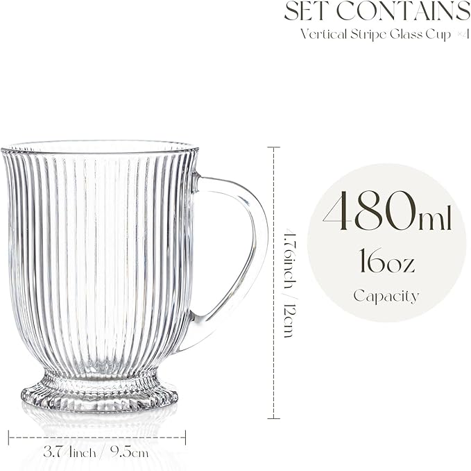 Clear Ribbed Glass Coffee Mugs Set of 4 with Spoon,16 Oz Large Glass Tea Cups with Handle Diner Latte Cups with Footed Base for Hot Beverages,Cappuccino & Espresso Cups, Stylish Drinkware