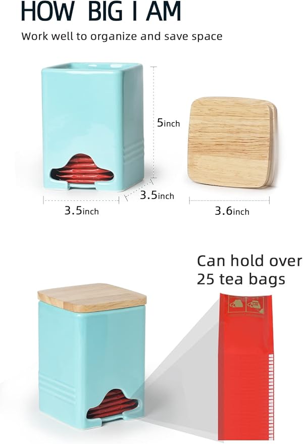 Ceramic Tea Bag Storage Organizer Caddy Holder with Lid (Turquoise)