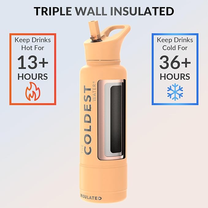 Coldest Insulated Water Bottle with Straw Lid - Stainless Steel Metal Insulated Bottle for Men & Women (Sahara Peach, 40 oz)