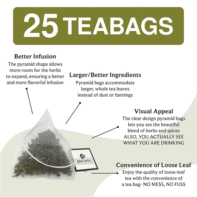 BREWIX, Bergamot Green Tea (25 Pyramid Tea Bags) | Caffeinated Tea Loose Leaf Earl Grey Green Tea With Pure Bergamot | High Elevation Grown