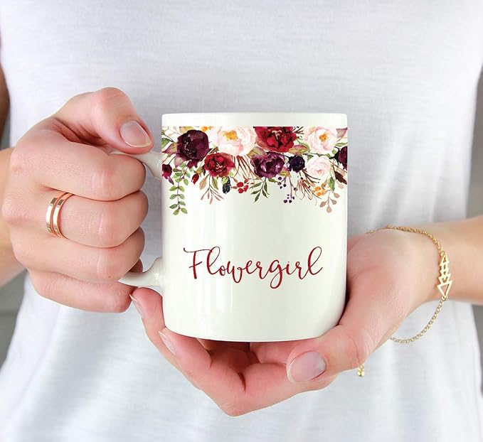 Andaz Press 11oz. Wedding Ceramic Coffee Tea Mug Gift, Fall Autumn Marsala Burgundy Flowers Roses Florals, Flowergirl, 1-Pack, Includes Gift Box