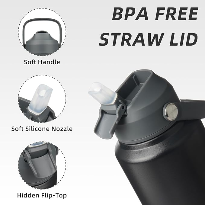 BJPKPK Water Bottle with Straw Lid, 32oz Vacuum Insulated Water Bottles, Metal Stainless Steel Thermos for Sports, Travel, BPA Free Leak Proof Thermos, Cups, Flasks, Tumblers,Black