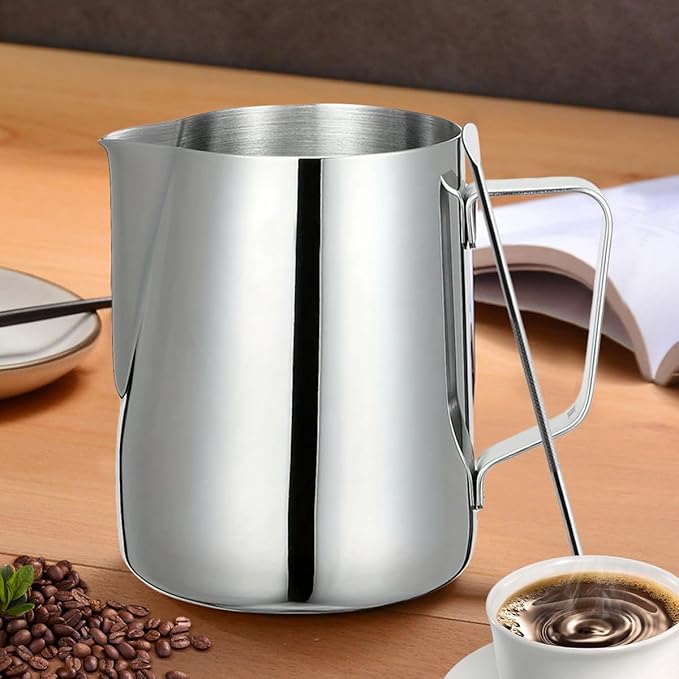 4Pieces Stainless Steel Milk Frothing Pitcher Set, Latte Art Barista Steaming Pitchers Set -Include Milk Frother Cup, Latte Art Pen, Powder Shaker, 5pcs Coffee Decorating Stencils (350ml/11oz)