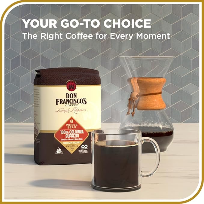 Don Francisco's Colombia Supremo Whole Bean Coffee, Medium Roast – 100% Arabica, 20 oz Bag, Premium Coffee for Drip, Pour Over and French Press