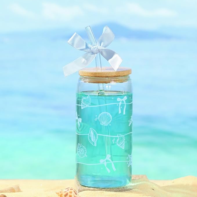 Ocean Animals Glass Cup with Lid and Straw, 16oz Iced Coffee Cup Tumbler Beach Gifts for Women Girls Conch Anniversary Birthday Mom Wife Sister Friends Colleagues