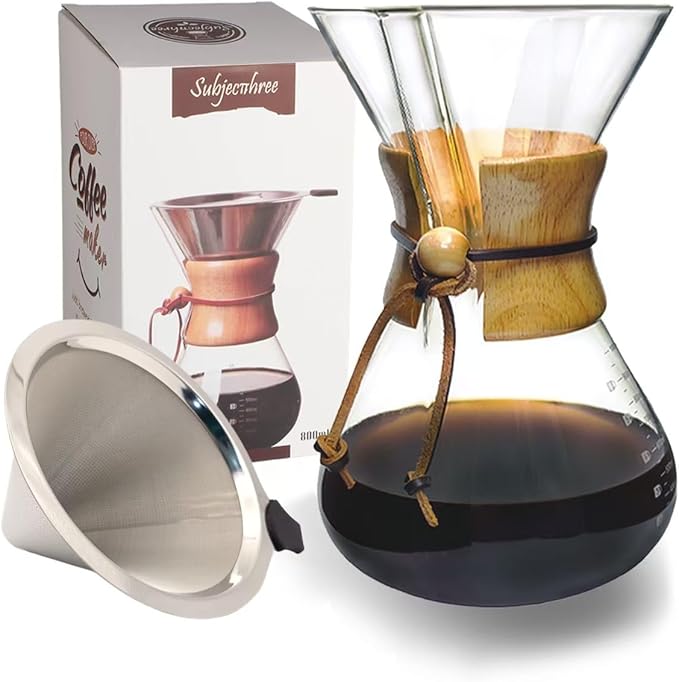 Subjectthree Coffee Pour Over 8 Cup Coffee Maker Glass Coffee Dripper Carafe Pot with Filter for Home Office Camping Easy Clean (8 Cup/28 oz)