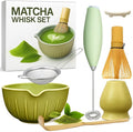 Matcha Whisk Set with Matcha Bowl - Matcha Set Included Electric Frother, Bamboo Whisk, Matcha Spoon, Bamboo Holder, Sifter, Spoon Stand (Mottled Green)