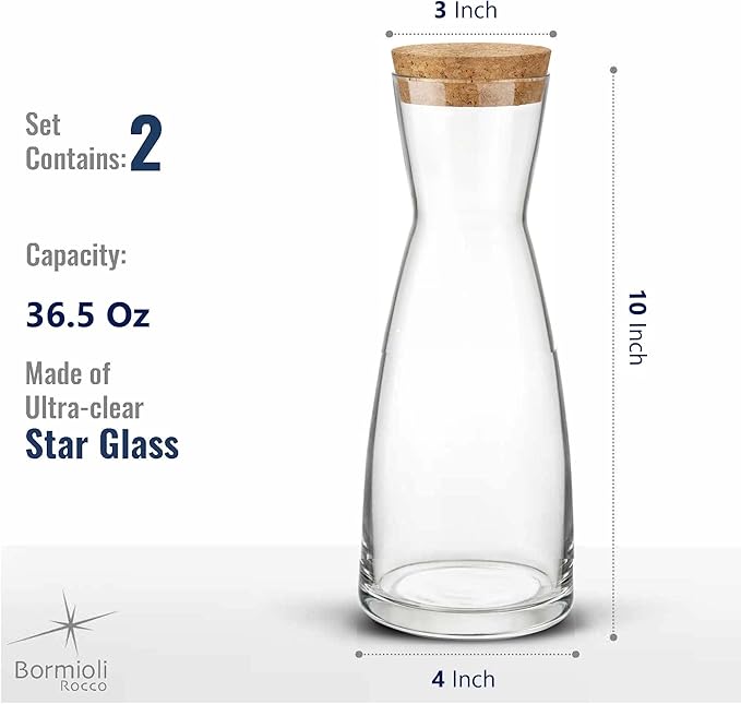 Bormioli Rocco Ypsilon Carafe Set with Cork Lids, Set of 2-36.25 oz Stylish Drink Set for Water, Milk, Juice, or Wine - Dishwasher Safe Modern Glassware for Dining & Entertaining