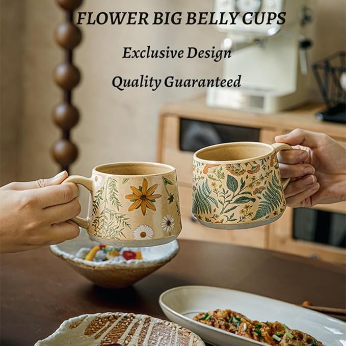 Floral Coffee Cup, 12oz Ceramic Hand Painted Porcelain Mug with Premium Gold Spoon, Cup for Cappuccino, Macchiato, Latte, Cafe, Tea, Unique Gift Idea (Summer's Whispers)