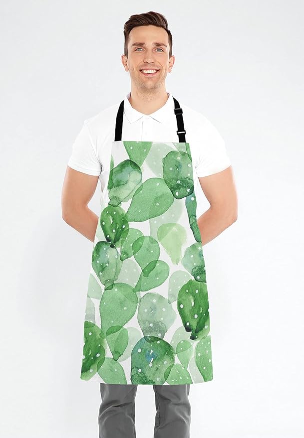 Cute Watercolor Cactus Adjustable Bib Apron, Succulent Olive Green Botanical Cooking Kitchen Apron for Men Women