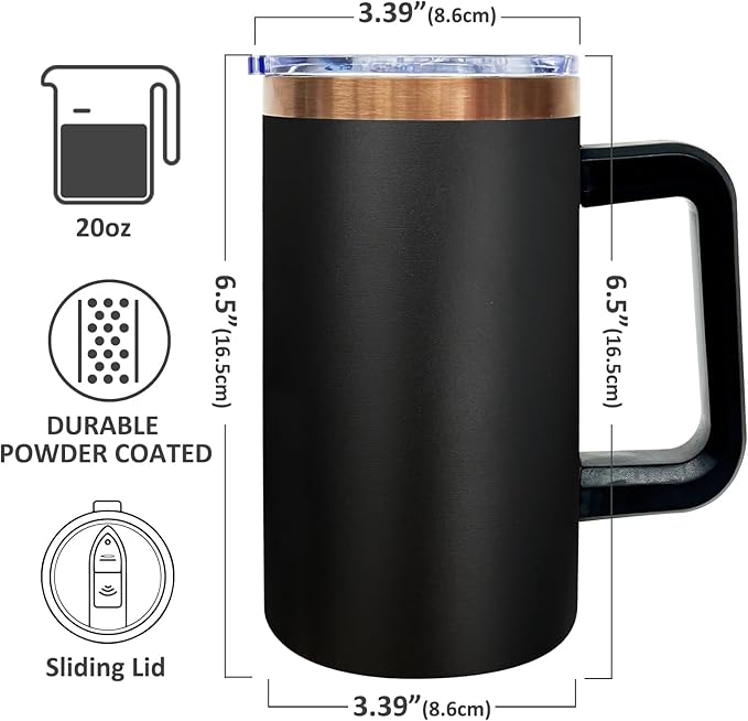20 oz Insulated Coffee Mug with Lid, Stainless Steel Coffee Tumbler Bulk, Double Wall Vacuum Travel Mug with Handle, Leakproof Powder Coated Coffee Cups for Hot and Cold Drinks (Black,1 pack)