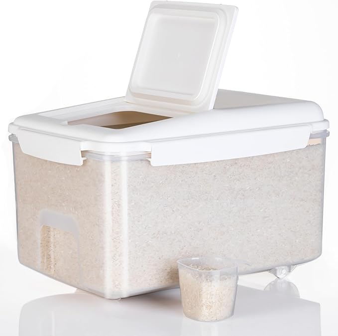 Rice Storage Container 20 lbs - 15 lbs Airtight Flour Dispenser with Lids & wheel, BPA Free, kitchen organizers for Pet/Cat/Dog Food Storage Container (10 lbs), White