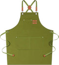 AFUN Chef Aprons for Women Men with Large Pockets, Cotton Canvas Cross Back Water Repellent Work Apron, Size M to XXL (Armygreen)