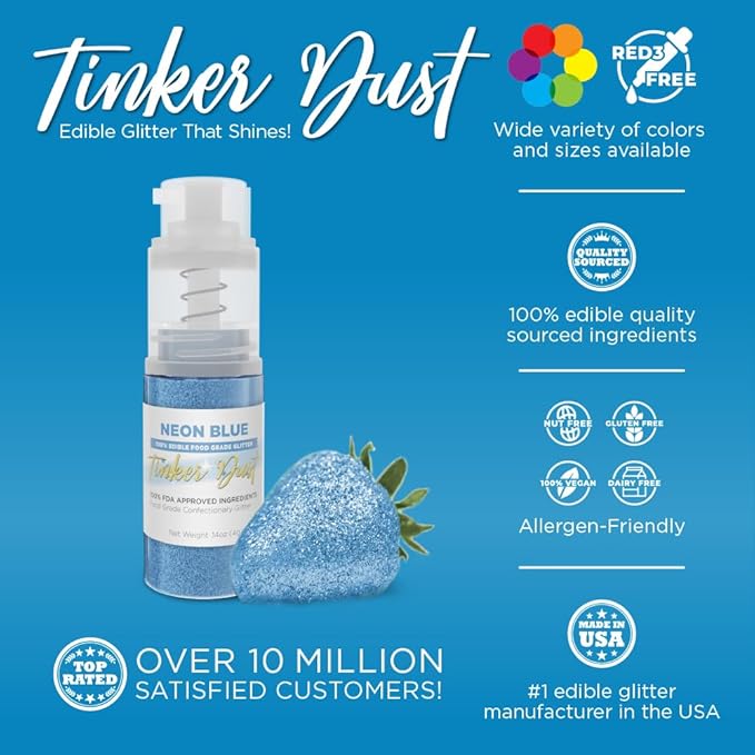 Bakell - Neon Blue Tinker Dust (4g, 1x Mini Spray Pump) Edible Glitter for Food, Desserts, and Beverages!