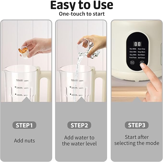 Automatic Nut Milk Maker, 8 in1 40oz Soybean Milk Machine for Homemade Almond, Oat, Soy, Coconut, Plant-Based Milk and Non Dairy Beverages, 12 Hours Timer/Auto-clean/Room Temp/Keep Warm/Boil/Low-Noise