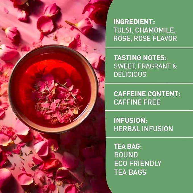HANDPICK, Rose Buds Herbal Tea Bags - 50 Count | Caffeine Free Tulsi Tea with Chamomile & Rose Extracts | Floral & Smooth | Round Eco-conscious Tea Bags