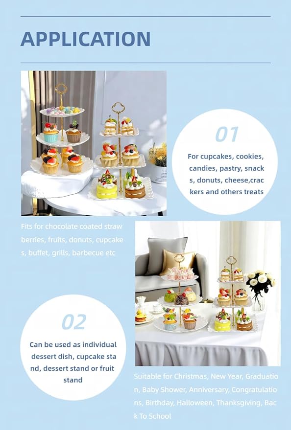 RAUVOLFIA 2 Pack of Plastic Round & Square Dessert Cupcake Stand, 3 Tier Cup Cake Holder Tower for Tea Party/Birthday/Wedding, Plastic Tiered Serving Tray (White)