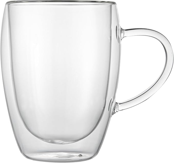Restaurantware-Forma Professional 11.8 Ounce Glass Coffee Cups, 2 Insulated Coffee Cups With Handle - Dishwashable, Reusable, Clear Double Wall Beverage Tumblers, Freezable, For Hot Or Cold Beverages