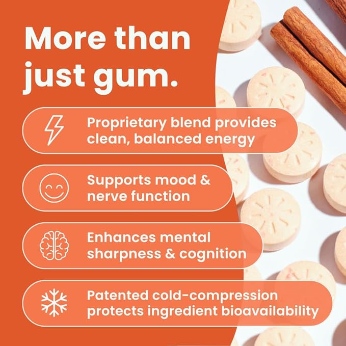 Neuro Energy & Focus Gum - 40mg Natural Caffeine Gum & Nootropic Energy Supplement with L-Theanine & B Vitamins - Sugar Free, Vegan - Cinnamon, 90ct
