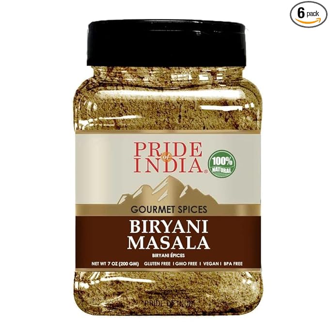 Pride Of India - PACK of 6 - Indian Biryani Masala Seasoning Spice - 7 oz. Medium Dual Sifter Jar - Easy to Use - Ideal for Layered Vegetable and Meat Pilaf – Suitable for Vegetarians & Vegans
