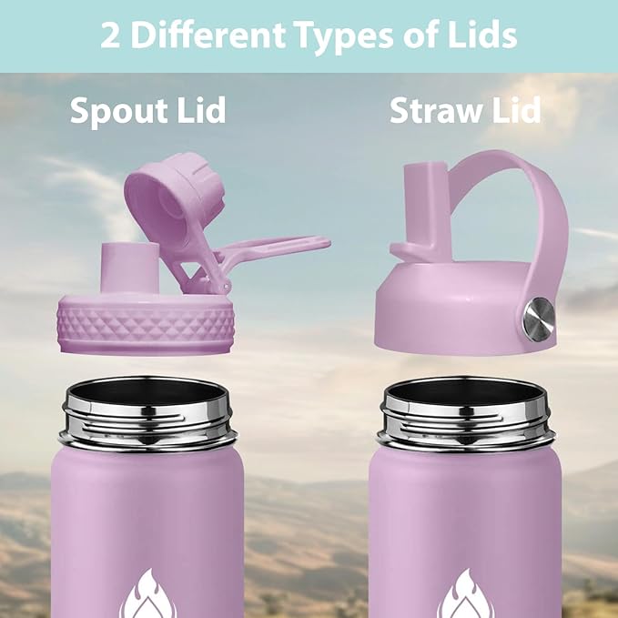 SENDESTAR Water Bottle 40oz Double Wall Vacuum Insulated Leak Proof Stainless Steel Sports Water Bottle—Wide Mouth with New Flex Straw Lid & Spout Lid (lilac)