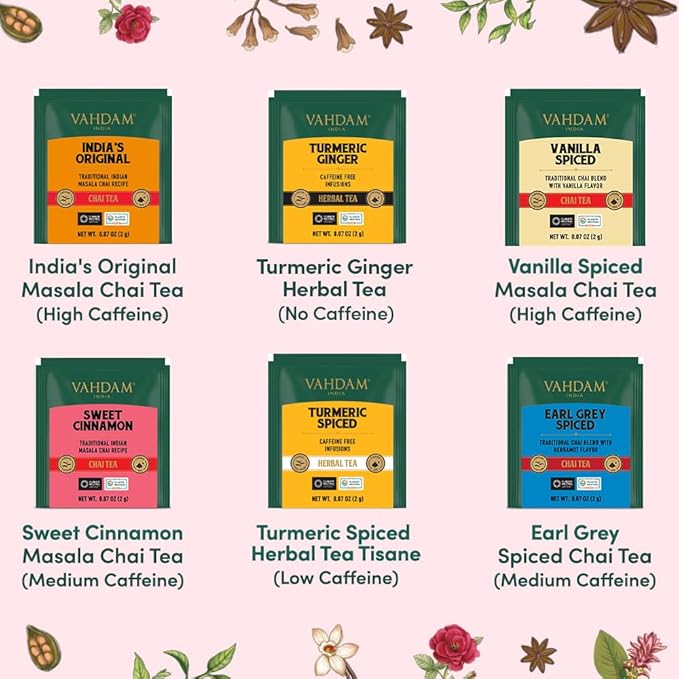 VAHDAM, Assorted Chai Tea Variety Pack (6 Delicious Flavors, 36 Eco Friendly Pyramid Tea Bags) Caffeinated, Gluten Free, Non GMO | Indian Masala Chai Tea Blends | Tea Gift Sets for Men and Women