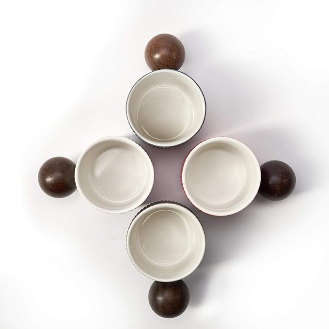 Ceramic Mini Espresso Cups Demitasse Cups with Round Wooden Handle Vertical Stripes Tea Cups (black, 2pcs)