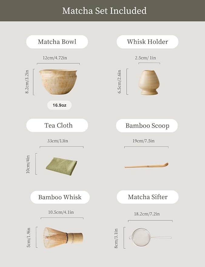 6-pcs Japanese Matcha Whisk Set with Handmade Wabi-Sabi Ceramic Bowl(Chawan),Bamboo Chasen, Whisk Holder, Scoop, Sifter & Tea Towel,Matcha Ceremony Kit,(Cheese-Colored)